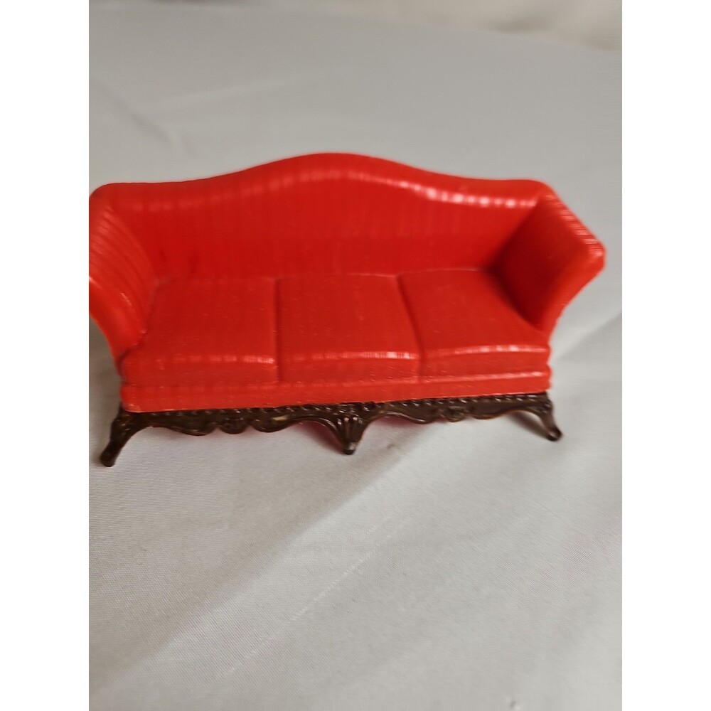 Vintage Renwal Dollhouse Red Sofa Couch No. 73 Mid Century Plastic Furniture